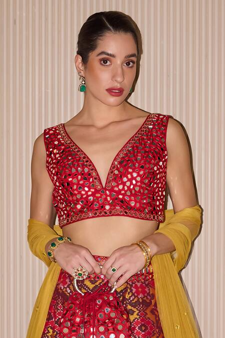 Twenty Nine Red Silk Mirrors Asymmetric Hand Embroidered Bustier Online at Aza Fashions Twenty Nine_Red Silk Mirrors Asymmetric Hand Embroidered Bustier _Online_at_Aza_Fashions