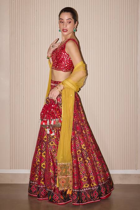 Shop Twenty Nine Red Silk Mirrors Asymmetric Hand Embroidered Bustier Online at Aza Fashions Shop_Twenty Nine_Red Silk Mirrors Asymmetric Hand Embroidered Bustier _Online_at_Aza_Fashions