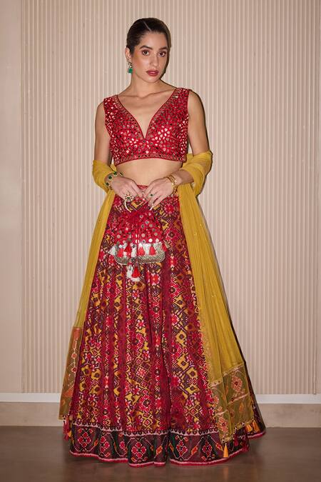 Twenty Nine_Red Silk Mirrors, Embroidery, Tassels Asymmetric Patola Embellished Lehenga Set _Online_at_Aza_Fashions