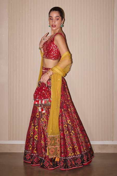 Buy_Twenty Nine_Red Silk Mirrors, Embroidery, Tassels Asymmetric Patola Embellished Lehenga Set _Online_at_Aza_Fashions