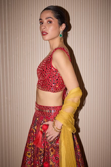 Shop_Twenty Nine_Red Silk Mirrors, Embroidery, Tassels Asymmetric Patola Embellished Lehenga Set _Online_at_Aza_Fashions