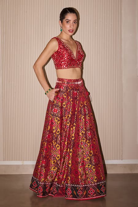 Twenty Nine_Red Silk Mirrors, Embroidery, Tassels Asymmetric Patola Embellished Lehenga Set _at_Aza_Fashions