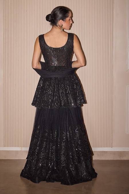 Twenty Nine Black Mirrorwork Layered Lehenga Set 