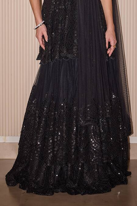 Buy_Twenty Nine_Black Tulle Mirrors, Applique Asymmetric Mirrorwork Layered Lehenga Set _Online_at_Aza_Fashions