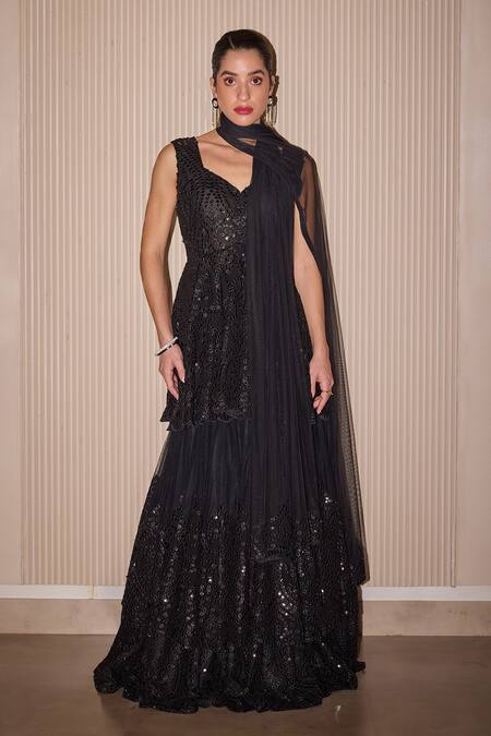 Shop_Twenty Nine_Black Tulle Mirrors, Applique Asymmetric Mirrorwork Layered Lehenga Set _Online_at_Aza_Fashions