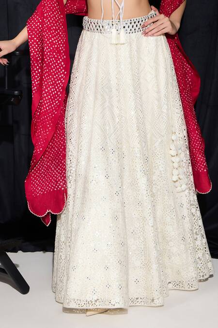 Twenty Nine Ivory Net Mirrors, Lace Plunge Neck Floral Embellished Lehenga Set at Aza Fashions Twenty Nine_Ivory Net Mirrors, Lace Plunge Neck Floral Embellished Lehenga Set _at_Aza_Fashions