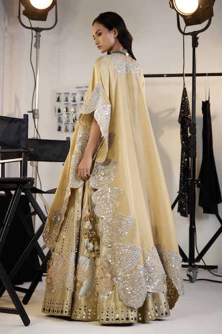 Shop Twenty Nine Gold Brocade Embroidery Square Neck 3d Floral Applique Lehenga Set at Aza Fashions Shop_Twenty Nine_Gold Brocade Embroidery Square Neck 3d Floral Applique Lehenga Set _at_Aza_Fashions