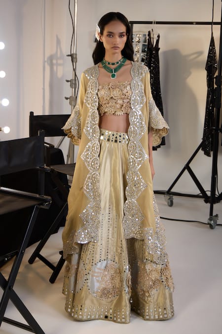 Twenty Nine Gold Brocade Embroidery Square Neck 3d Floral Applique Lehenga Set Online at Aza Fashions Twenty Nine_Gold Brocade Embroidery Square Neck 3d Floral Applique Lehenga Set _Online_at_Aza_Fashions