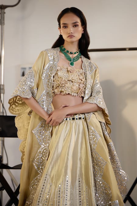Shop Twenty Nine Gold Brocade Embroidery Square Neck 3d Floral Applique Lehenga Set Online at Aza Fashions Shop_Twenty Nine_Gold Brocade Embroidery Square Neck 3d Floral Applique Lehenga Set _Online_at_Aza_Fashions