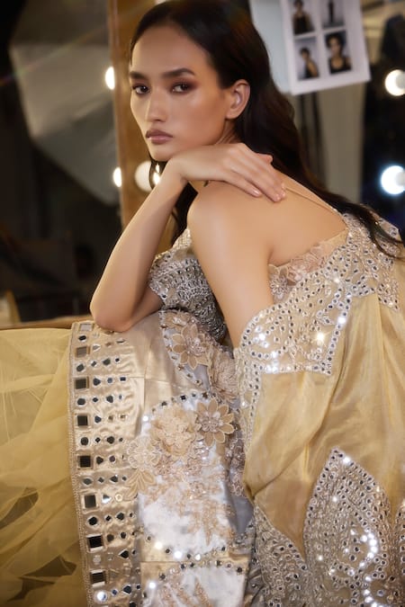 Twenty Nine Gold Brocade Embroidery Square Neck 3d Floral Applique Lehenga Set at Aza Fashions Twenty Nine_Gold Brocade Embroidery Square Neck 3d Floral Applique Lehenga Set _at_Aza_Fashions