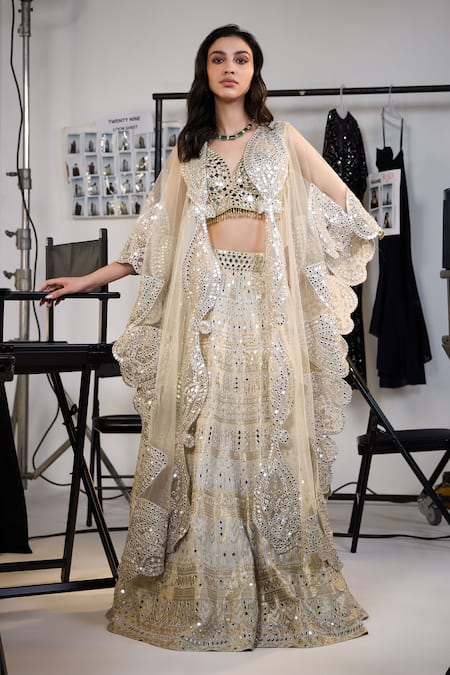 Shop Twenty Nine Gold Brocade Mirrors V-neck Embroidered Lehenga Set Online at Aza Fashions Shop_Twenty Nine_Gold Brocade Mirrors V-neck Embroidered Lehenga Set _Online_at_Aza_Fashions