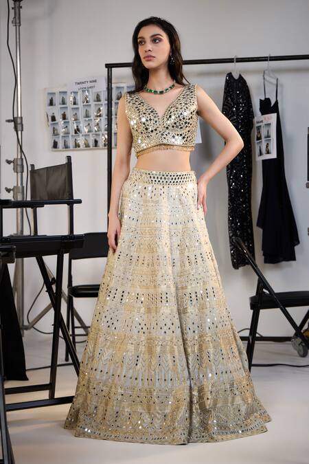 Buy Twenty Nine Gold Brocade Mirrors V-neck Embroidered Lehenga Set Buy_Twenty Nine_Gold Brocade Mirrors V-neck Embroidered Lehenga Set