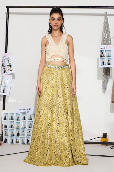 Buy_Twenty Nine_Yellow Net Embroidery, Mirrors V-neck Floral Lace Applique Lehenga Set _Online_at_Aza_Fashions