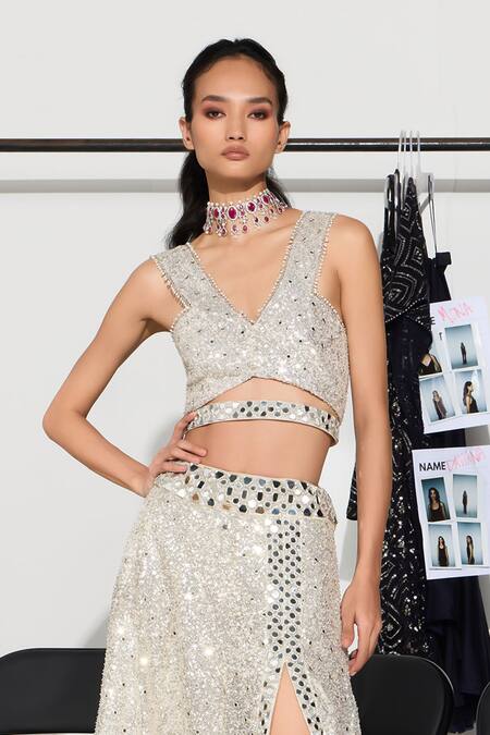 Buy Twenty Nine Silver Tulle Mirrors, Sequins, Beads V-neck Front Slit Work Lehenga Set Online at Aza Fashions Buy_Twenty Nine_Silver Tulle Mirrors, Sequins, Beads V-neck Front Slit Work Lehenga Set _Online_at_Aza_Fashions