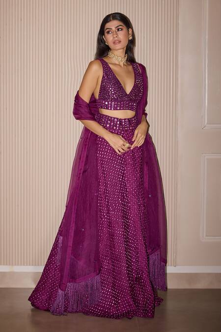 Twenty Nine Purple Silk Mirrors, Fringe Plunge Neck Crushed Raidana Bandhani Lehenga Set Online at Aza Fashions Twenty Nine_Purple Silk Mirrors, Fringe Plunge Neck Crushed Raidana Bandhani Lehenga Set _Online_at_Aza_Fashions