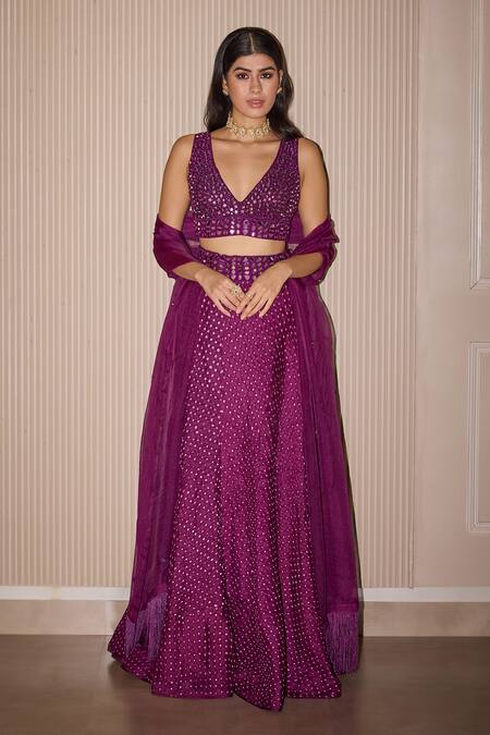 Buy Twenty Nine Purple Silk Mirrors, Fringe Plunge Neck Crushed Raidana Bandhani Lehenga Set Online at Aza Fashions Buy_Twenty Nine_Purple Silk Mirrors, Fringe Plunge Neck Crushed Raidana Bandhani Lehenga Set _Online_at_Aza_Fashions