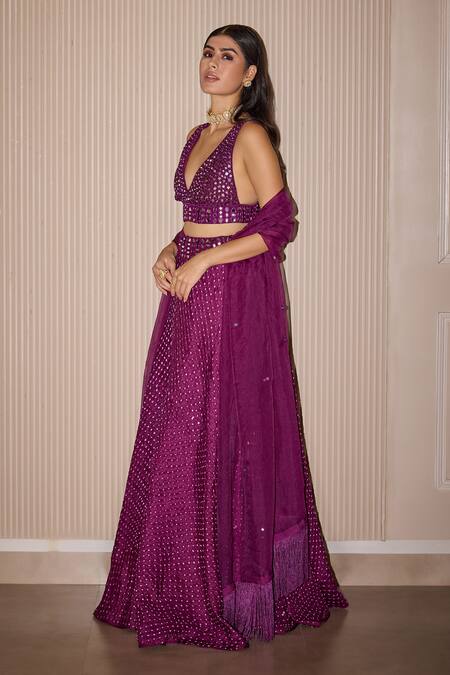 Shop Twenty Nine Purple Silk Mirrors, Fringe Plunge Neck Crushed Raidana Bandhani Lehenga Set Online at Aza Fashions Shop_Twenty Nine_Purple Silk Mirrors, Fringe Plunge Neck Crushed Raidana Bandhani Lehenga Set _Online_at_Aza_Fashions