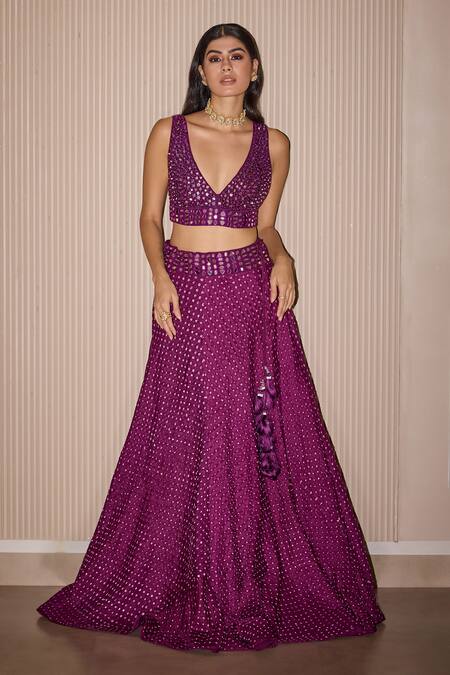 Twenty Nine Purple Silk Mirrors, Fringe Plunge Neck Crushed Raidana Bandhani Lehenga Set at Aza Fashions Twenty Nine_Purple Silk Mirrors, Fringe Plunge Neck Crushed Raidana Bandhani Lehenga Set _at_Aza_Fashions
