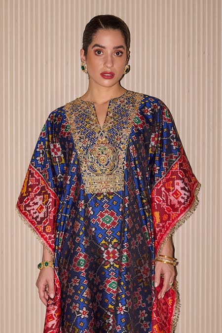 Twenty Nine Blue Silk Fringe Split V-neck Patola Embroidered Kaftan Online at Aza Fashions Twenty Nine_Blue Silk Fringe Split V-neck Patola Embroidered Kaftan _Online_at_Aza_Fashions