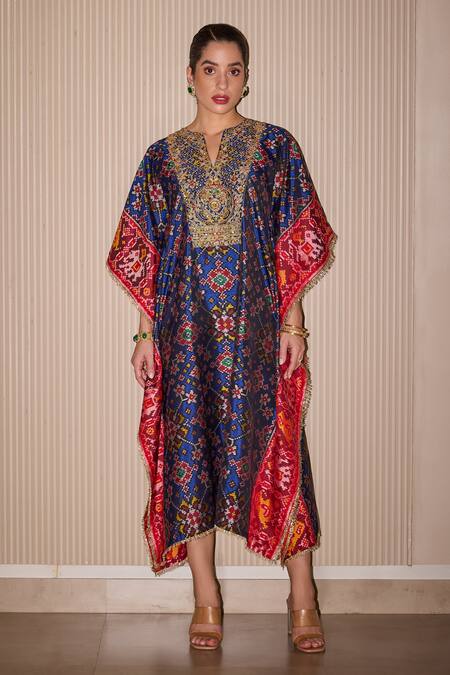 Buy Twenty Nine Blue Silk Fringe Split V-neck Patola Embroidered Kaftan Online at Aza Fashions Buy_Twenty Nine_Blue Silk Fringe Split V-neck Patola Embroidered Kaftan _Online_at_Aza_Fashions