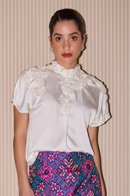Buy Twenty Nine White Silk Applique, Patchwork High Neck 3d Floral Top And Patola Skirt Set Online at Aza Fashions Buy_Twenty Nine_White Silk Applique, Patchwork High Neck 3d Floral Top And Patola Skirt Set _Online_at_Aza_Fashions