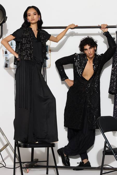 Buy_Twenty Nine_Black Net Mirrors, Beads, Lace Mandarin Floral Embellished Cape And Palazzo Set _Online_at_Aza_Fashions