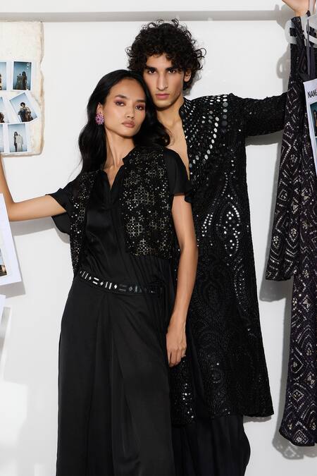 Twenty Nine_Black Net Mirrors, Beads, Lace Mandarin Floral Embellished Cape And Palazzo Set _at_Aza_Fashions