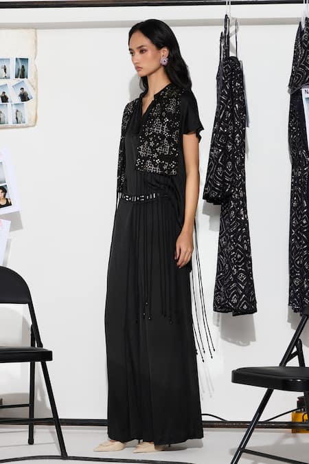 Shop_Twenty Nine_Black Net Mirrors, Beads, Lace Mandarin Floral Embellished Cape And Palazzo Set 