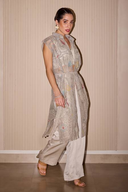 Twenty Nine_Silver Twill Pearls, Mirrors Embroidered Inner And Pant Set _Online_at_Aza_Fashions