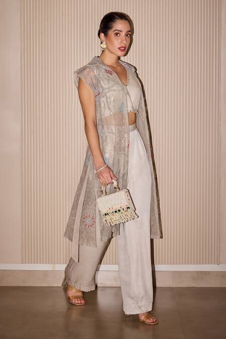 Shop_Twenty Nine_Silver Twill Pearls, Mirrors Embroidered Inner And Pant Set _Online_at_Aza_Fashions