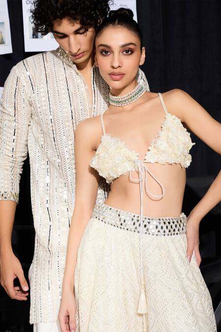 Shop_Twenty Nine_Ivory Chanderi Fabric Flowers Plunge Neck 3d Floral Applique Bralette _Online_at_Aza_Fashions