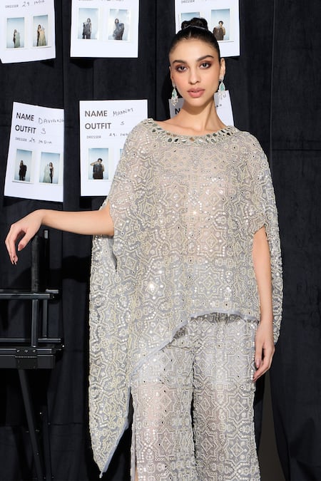 Twenty Nine_Silver Mirror Bead Hand Embroidered Cape _Online_at_Aza_Fashions