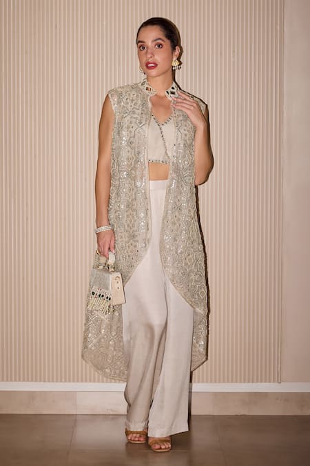 Twenty Nine_Silver Tulle Mirrors, Beads Mandarin Collar Hand Embroidered Asymmetric Jacket _Online_at_Aza_Fashions