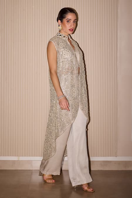 Twenty Nine_Silver Tulle Mirrors, Beads Mandarin Collar Hand Embroidered Asymmetric Jacket _at_Aza_Fashions