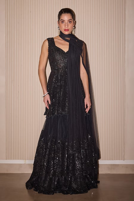 Buy_Twenty Nine_Black Georgette Mirrors Sweetheart Neck Embroidered Peplum Tunic _Online_at_Aza_Fashions