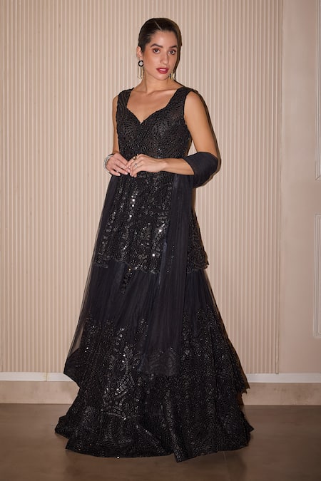 Shop_Twenty Nine_Black Georgette Mirrors Sweetheart Neck Embroidered Peplum Tunic _Online_at_Aza_Fashions