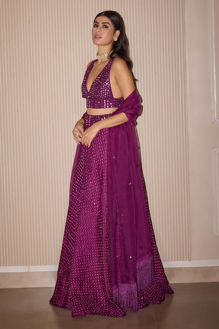 Shop Twenty Nine Purple Organza Tassels Mirror Embroidered Dupatta at Aza Fashions Shop_Twenty Nine_Purple Organza Tassels Mirror Embroidered Dupatta _at_Aza_Fashions