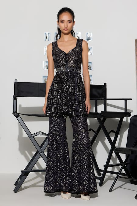 Twenty Nine_Blue Lace Mirrors, Sequins Indigo Geometric Bootcut Pant _Online_at_Aza_Fashions