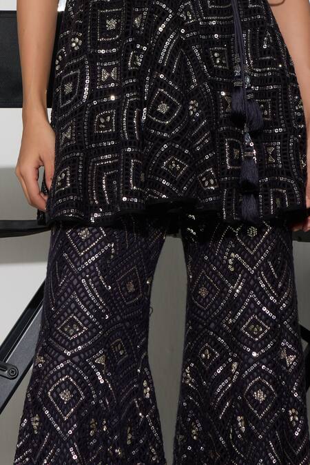 Shop_Twenty Nine_Blue Lace Mirrors, Sequins Indigo Geometric Bootcut Pant _Online_at_Aza_Fashions