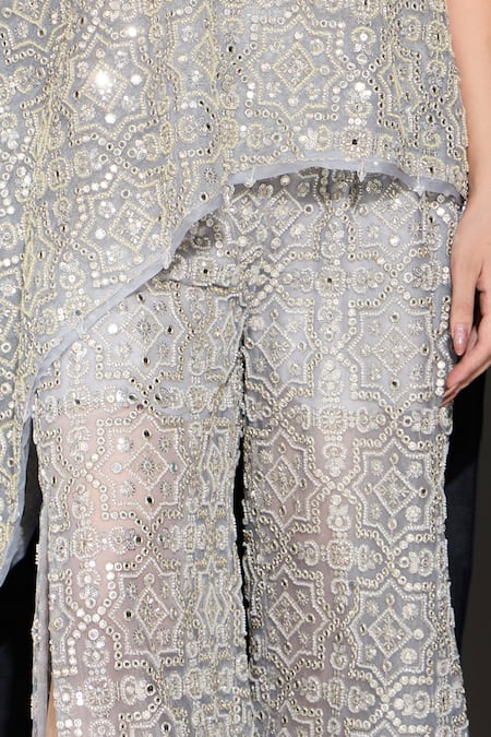 Buy_Twenty Nine_Silver Tulle Mirrors, Beads Hexagon Embroidered Pant _Online_at_Aza_Fashions