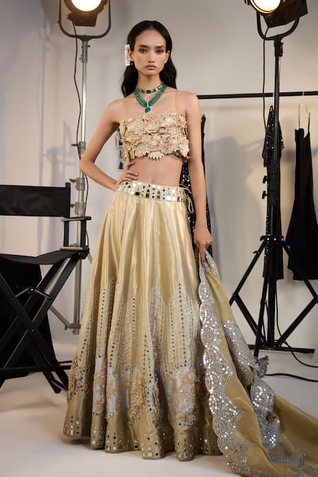 Shop_Twenty Nine_Gold Brocade Embroidery, Mirrors 3d Floral Hand Lehenga _at_Aza_Fashions
