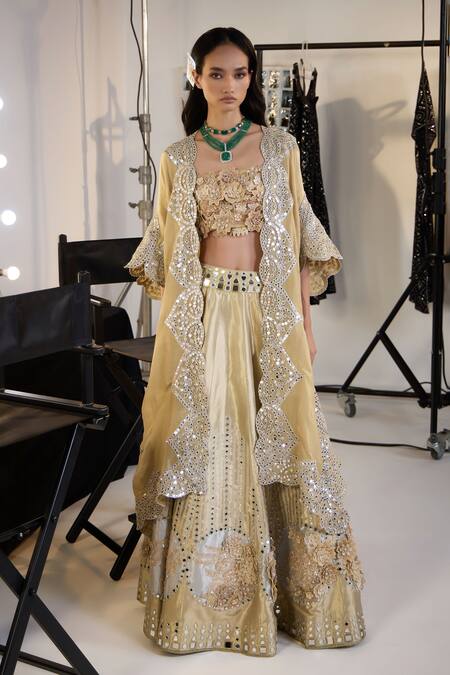 Twenty Nine_Gold Brocade Embroidery, Mirrors 3d Floral Hand Lehenga _Online_at_Aza_Fashions
