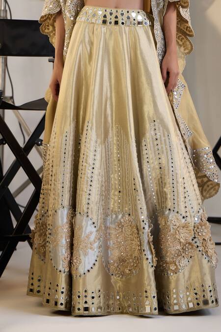 Buy_Twenty Nine_Gold Brocade Embroidery, Mirrors 3d Floral Hand Lehenga _Online_at_Aza_Fashions