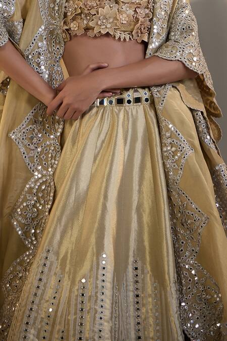 Shop_Twenty Nine_Gold Brocade Embroidery, Mirrors 3d Floral Hand Lehenga _Online_at_Aza_Fashions
