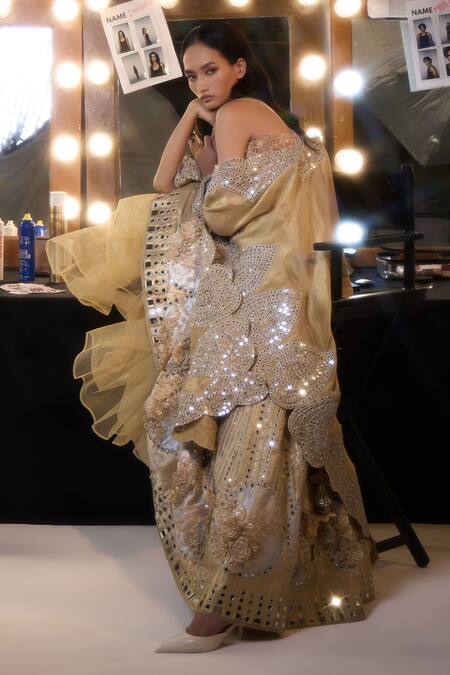 Twenty Nine_Gold Brocade Embroidery, Mirrors 3d Floral Hand Lehenga _at_Aza_Fashions