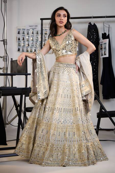 Buy Twenty Nine Gold Brocade Mirrors, Embroidery Banarasi Lehenga Online at Aza Fashions Buy_Twenty Nine_Gold Brocade Mirrors, Embroidery Banarasi Lehenga _Online_at_Aza_Fashions