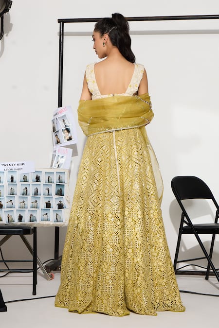 Shop Twenty Nine Yellow Lace Embroidery Floral Kalidar Lehenga at Aza Fashions Shop_Twenty Nine_Yellow Lace Embroidery Floral Kalidar Lehenga _at_Aza_Fashions