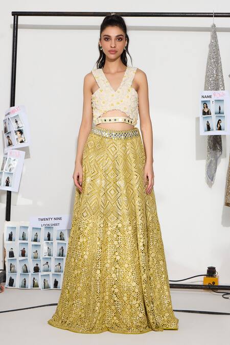 Buy Twenty Nine Yellow Lace Embroidery Floral Kalidar Lehenga Online at Aza Fashions Buy_Twenty Nine_Yellow Lace Embroidery Floral Kalidar Lehenga _Online_at_Aza_Fashions