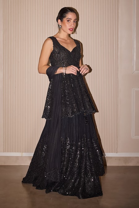 Shop_Twenty Nine_Black Tulle Mirrors Applique Layered Lehenga _Online_at_Aza_Fashions