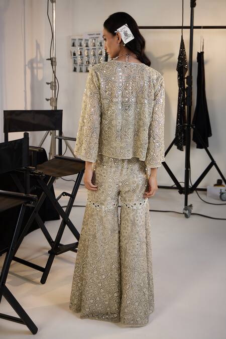 Shop Twenty Nine Silver Tulle Mirrors Geometric Work Sharara at Aza Fashions Shop_Twenty Nine_Silver Tulle Mirrors Geometric Work Sharara _at_Aza_Fashions